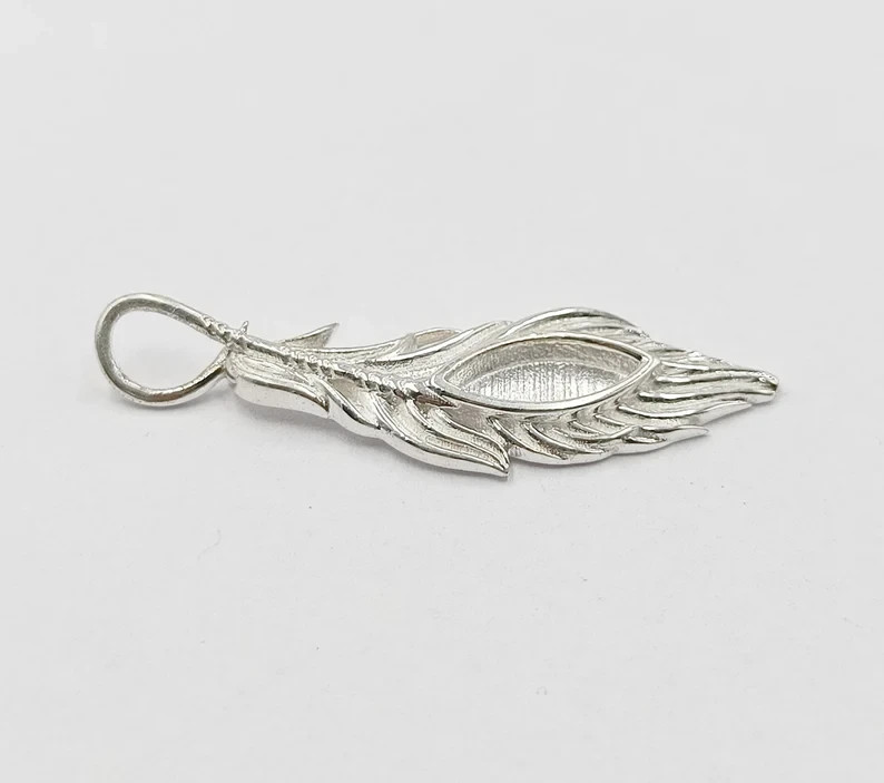 4x10mm Marquise & 37mm Feather Pendant 925 Silver Blank Bezel for Resin Jewelry