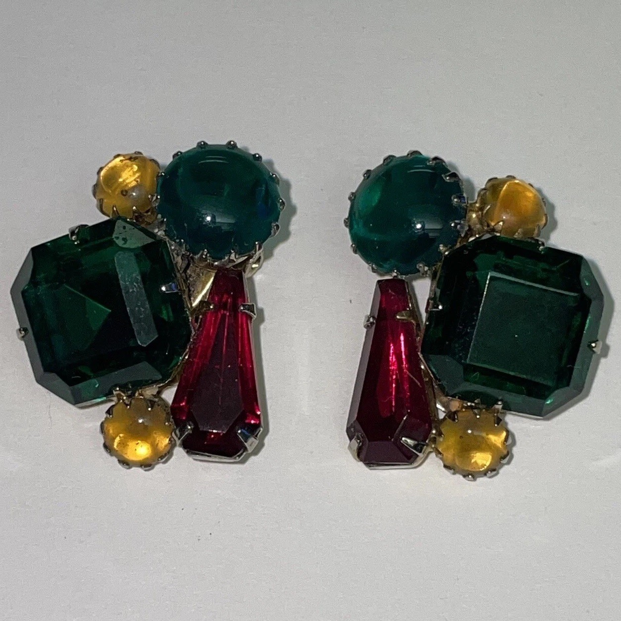 Vintage Green Red & Yellow Rhinestone Clip On Earrings Gold Tone Costume Jewelry