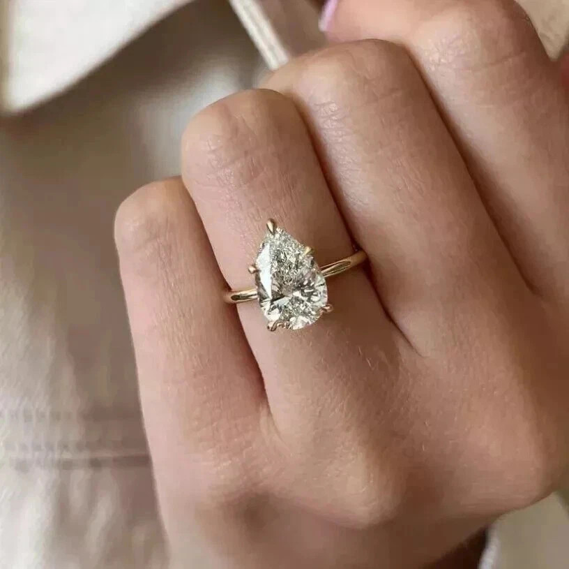 4ct Pear Cut Lab Created Diamond Engagement Solitaire Ring 14K Yellow Gold FN