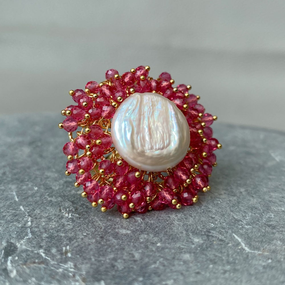 Pink Crystal White Coin Pearl Finger Rings Cocktail Adjustable Gold Tone Ring