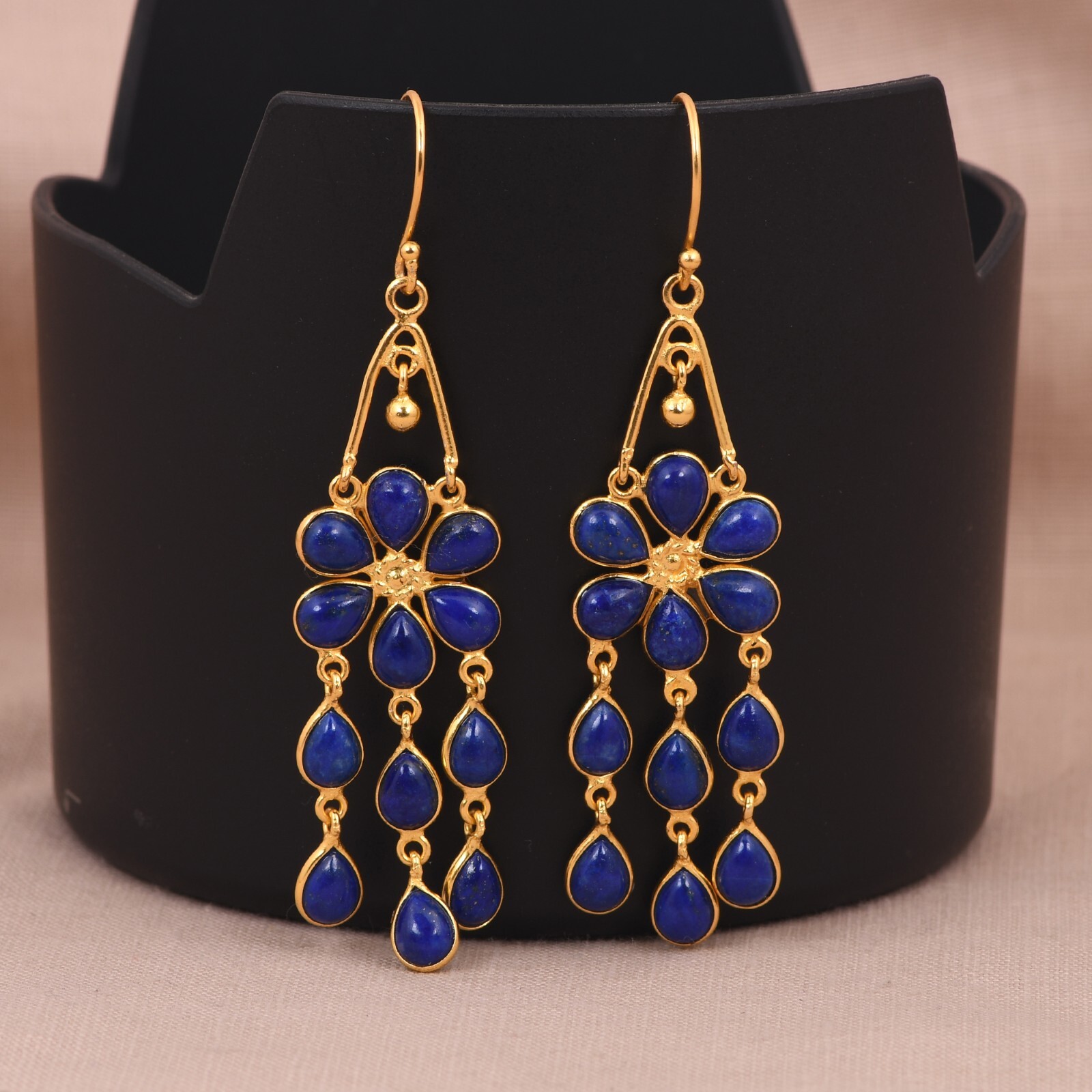 Artisan Fringe Drop Gold Plated Women’s Earrings Lapis Lazuli For Birthday Gift
