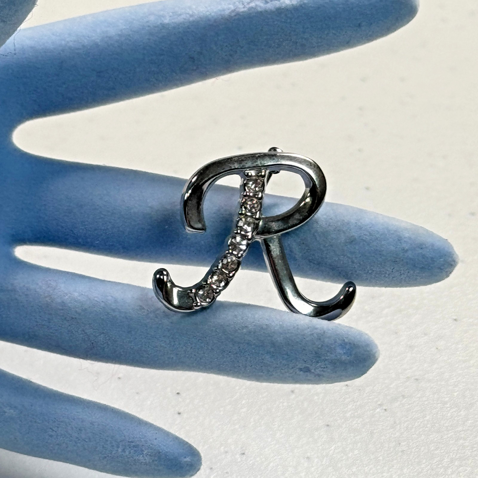 Rhinestone Initial R Brooch Silver Tone Letter Pin Personalized Monogram Jewelry