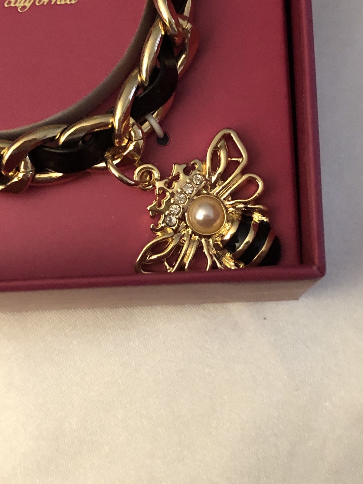 Juicy Couture Gold Tone & Woven Black Faux Leather Charm Bracelet Bee Charm NIB