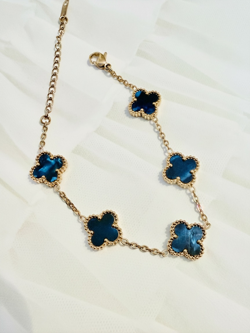 Iridescent Blue Clover Bracelet in Gold tone Stainless Steel