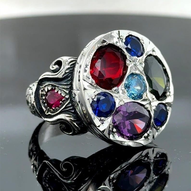 925 Silver Artisan Crafted Multi Stone Engraved Statement Ring