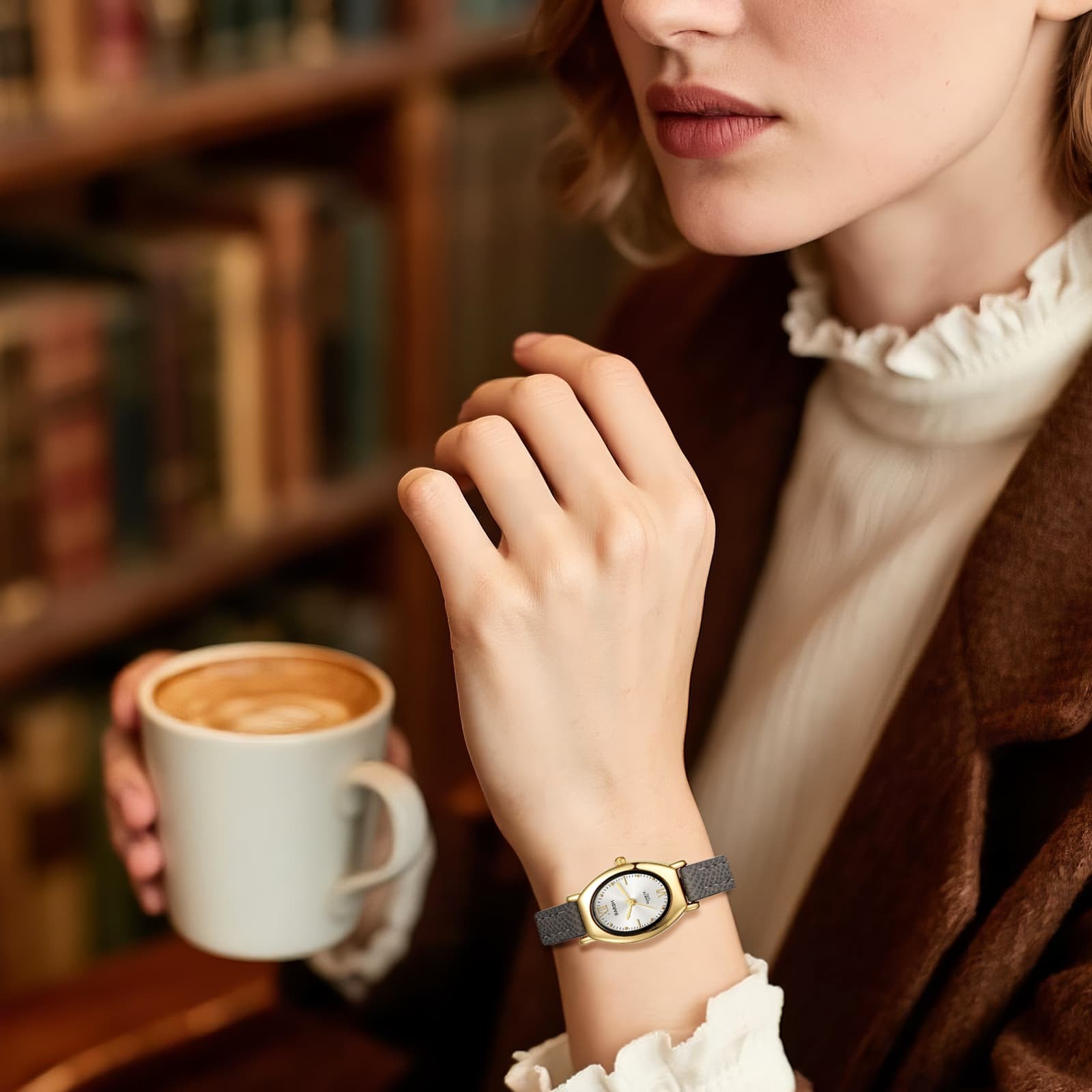 Women’s Oval PU Leather Band Dot Dial Wrist Watch for Casual Everyday Fashion