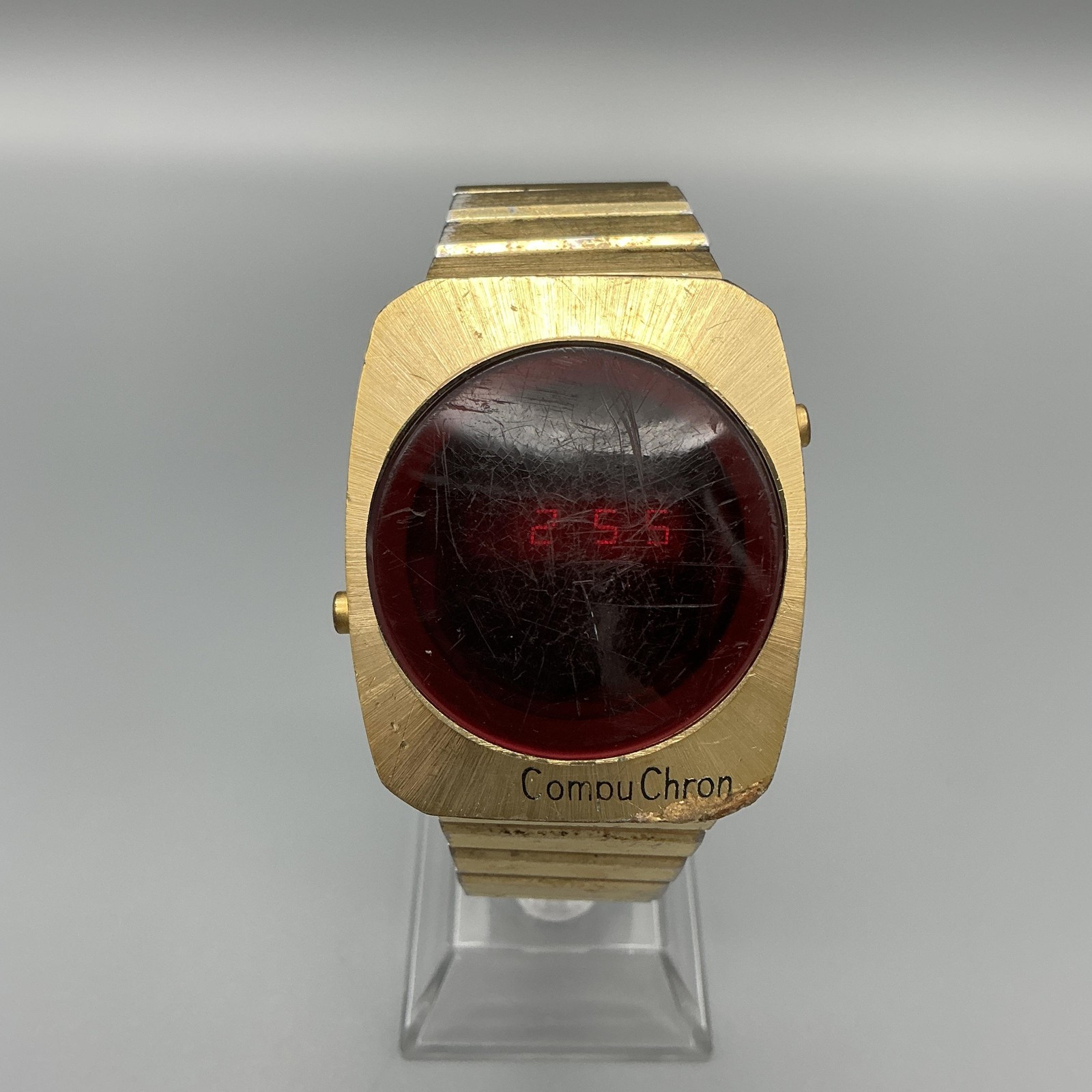 Vintage CompuChron Mens Watch 35mm Red LED Digital Gold Tone New Battery 7″