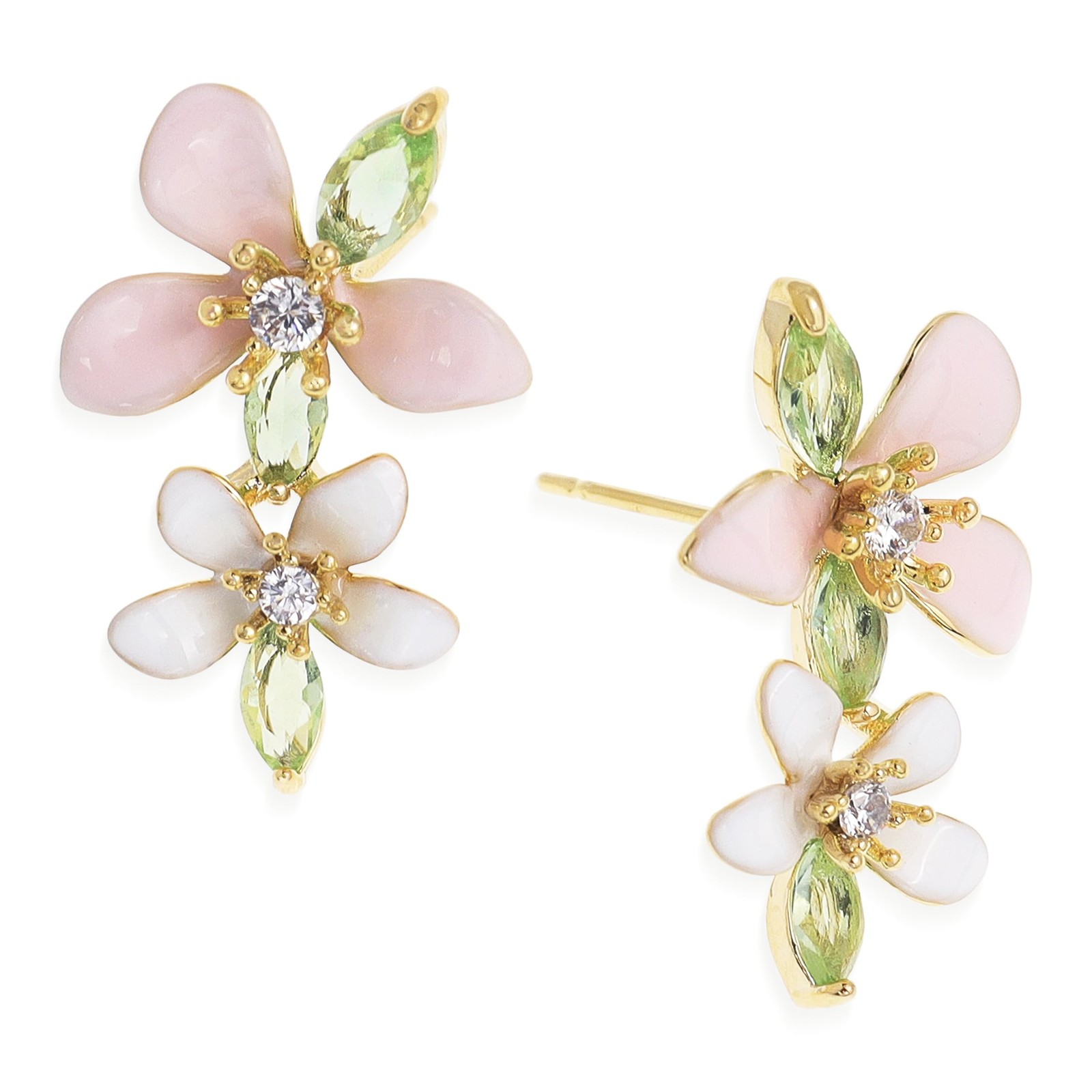 Double Flower Dangle Drop Stud Earrings for Women, Cute Pink White Leaf Floral R