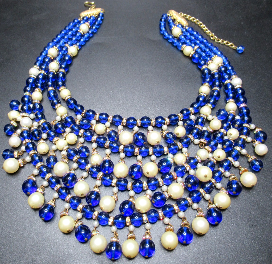 Amazing Cobalt Blue Glass Bead Faux Pearl Rhinestone Rondel Vintage Bib Necklace