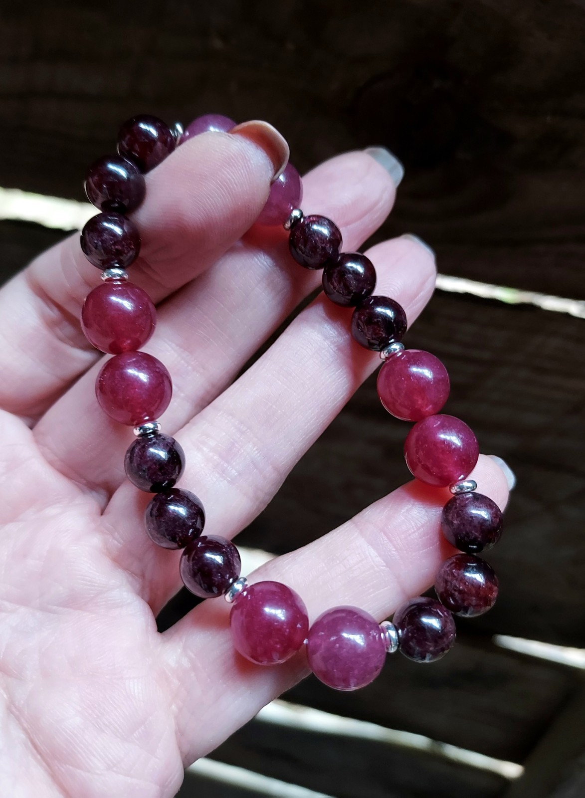 Red Garnet Gem Bead Bracelet With Dark Pink Strawberry Quartz Stretchy 6.75″