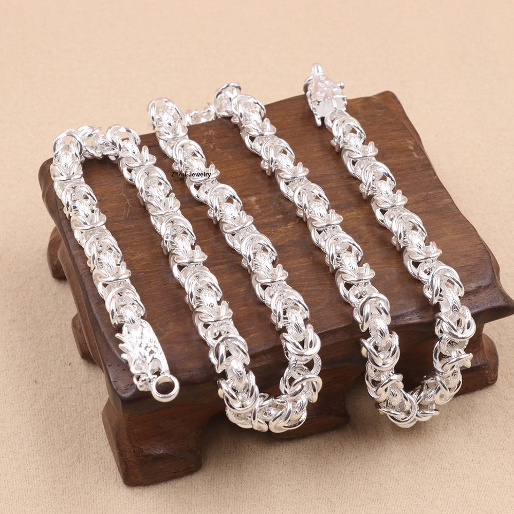 Real S999 Fine Silver Necklace 6.5mm Byzantine Link Chain with Dragon Head