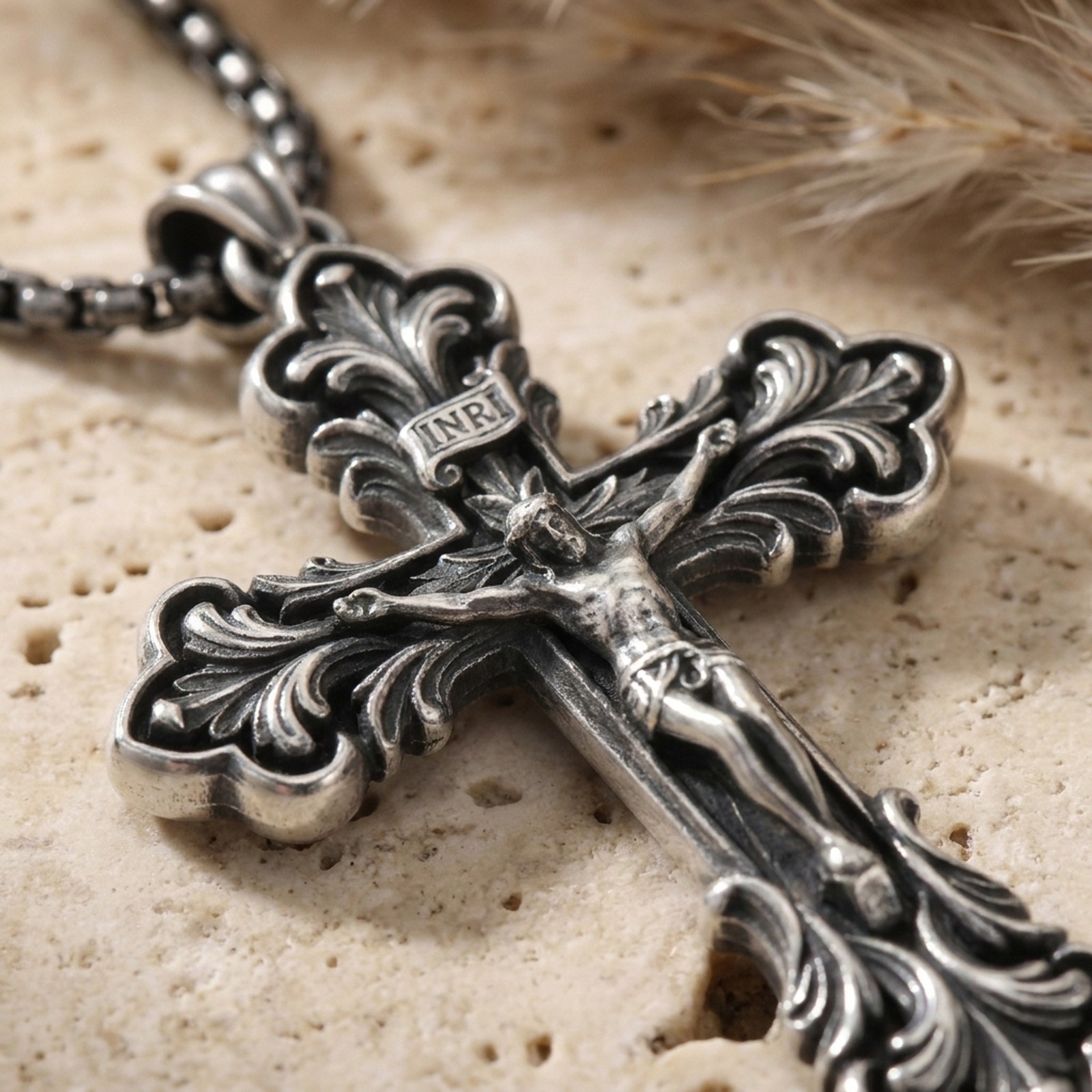 Artemis Sterling Silver Crucifix Pendant Oxidized Antique Catholic INRI Unisex