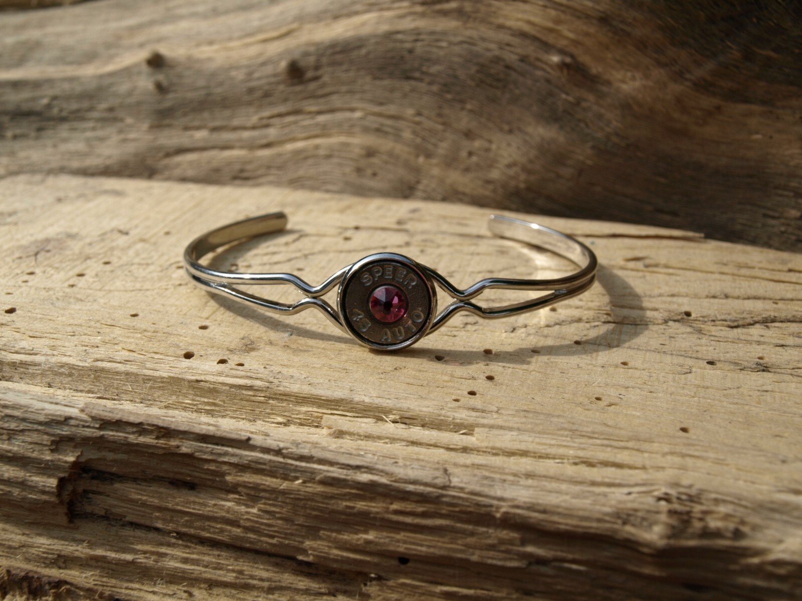 Thin Silver Cuff Bracelet with 45 Auto Bullet Casing. Optional Crystal