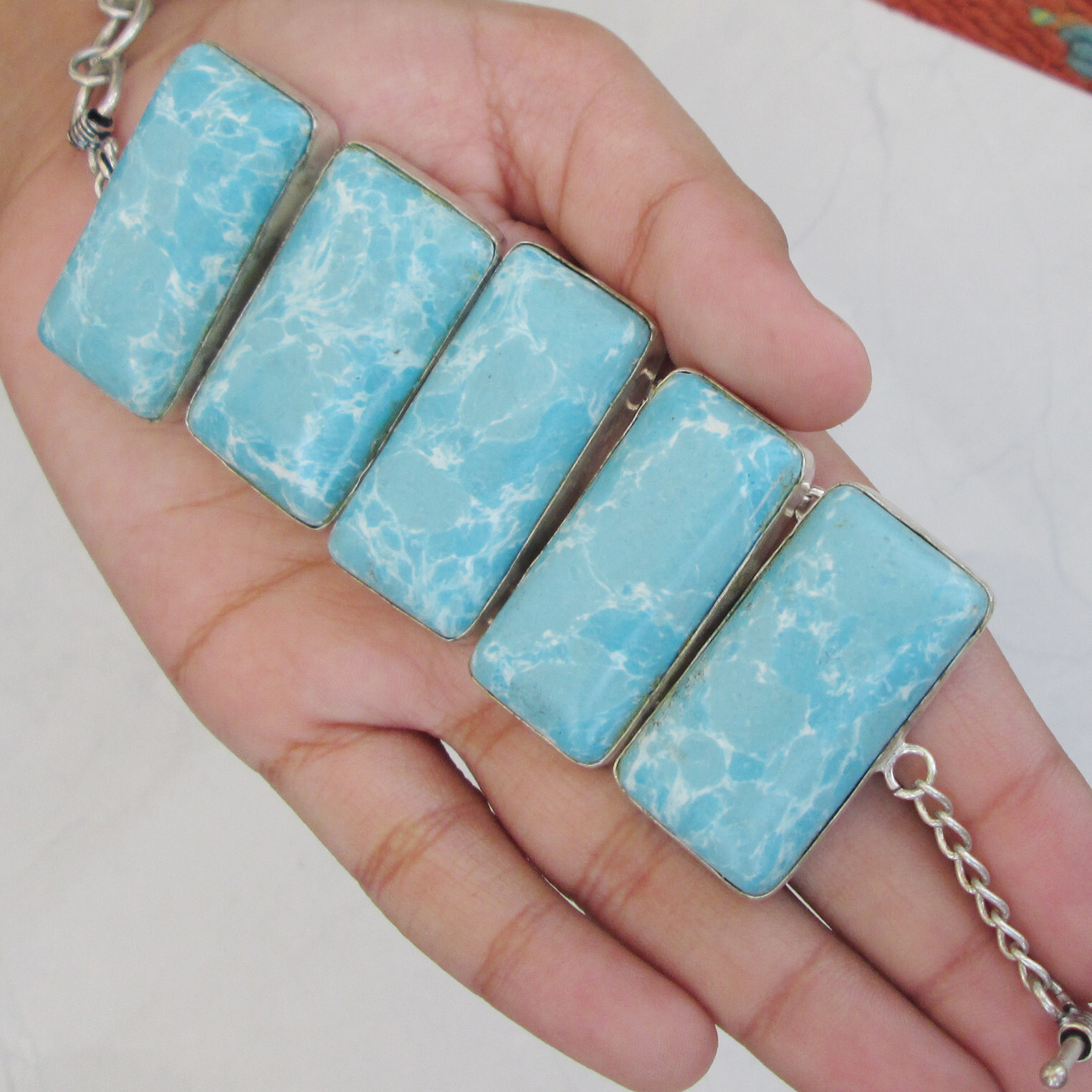 Light blue natural sand hill turquois gemstone handmade bracelet Sz 8″ & less