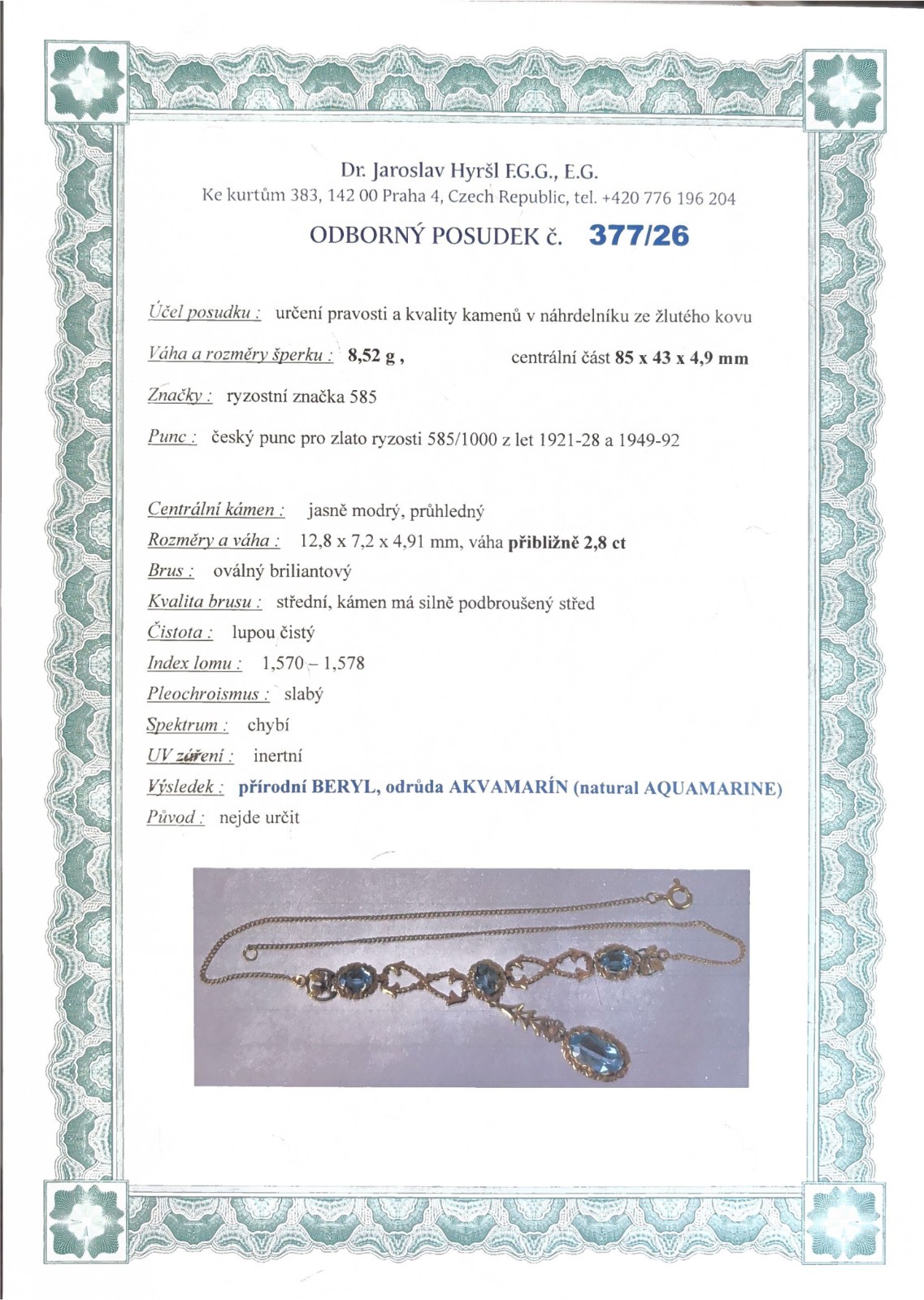 Antique 14K Gold Aquamarine Drop Necklace Blue Gemstone 8.52g 36cm