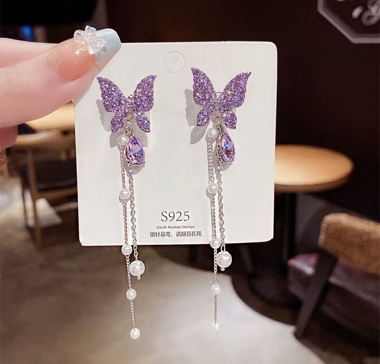 Purple Butterfly Dangle Earrings S925 Silver Pearl Chain Drop Crystal Elegant