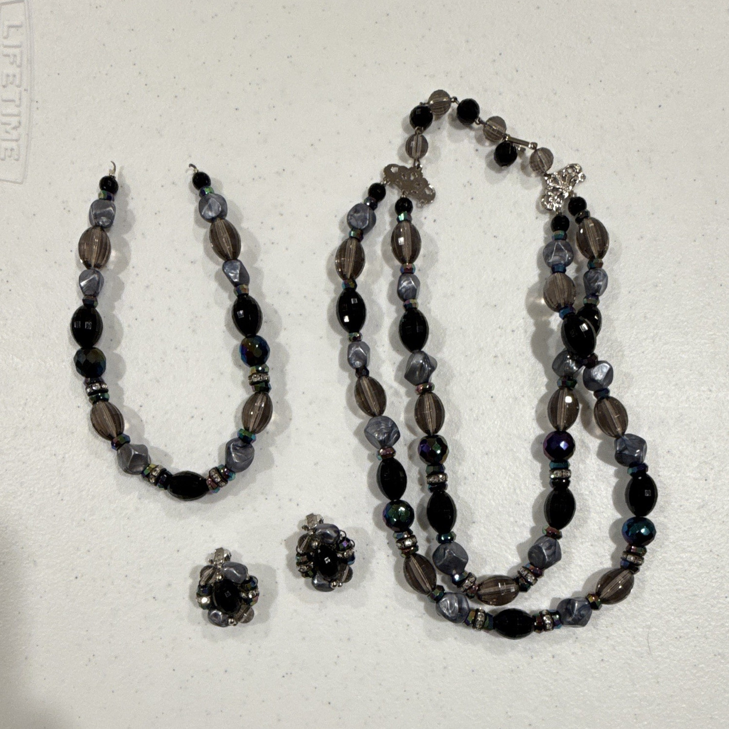 Glass Beaded Jewelry Set Necklace Bracelet & Earrings Black Gray Silver Oval