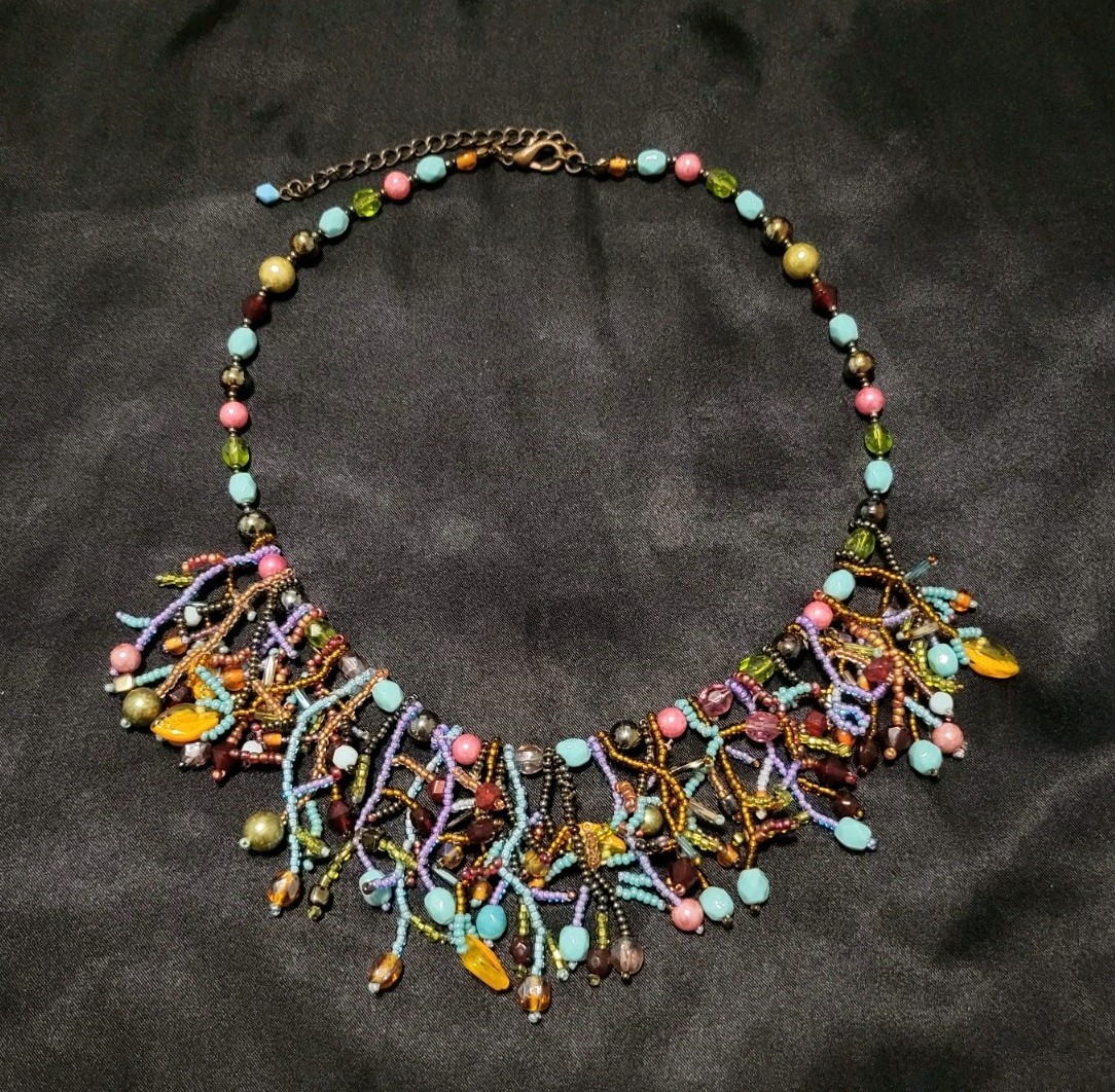 Boho Multi Color Seed Bead Fringe Cluster Collar Necklace Antique Bronze Tone