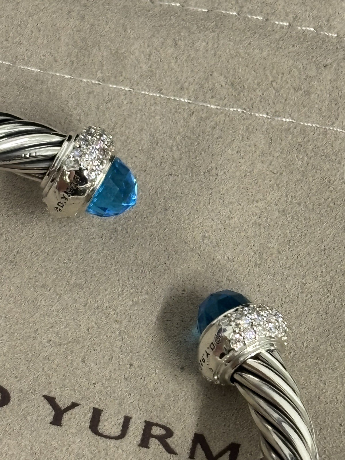 David 7mm Candy Cable Bracelet Silver & Diamonds Blue Topaz Size Medium