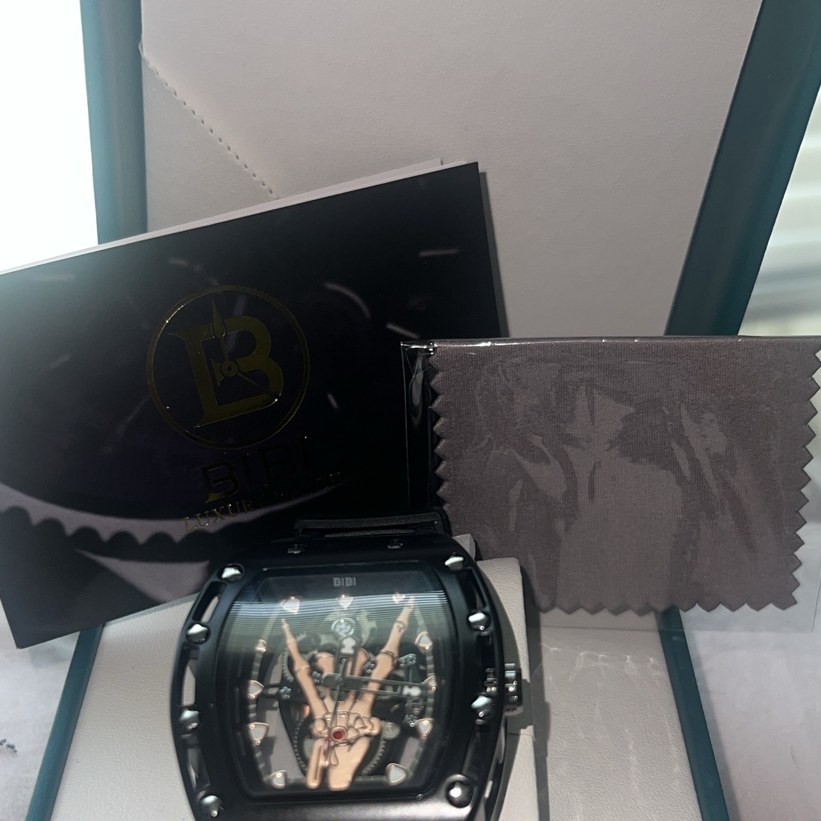 BiBi Luxury Automatic Watch 45mm Tonneau Skeleton Dial Black Rubber Box