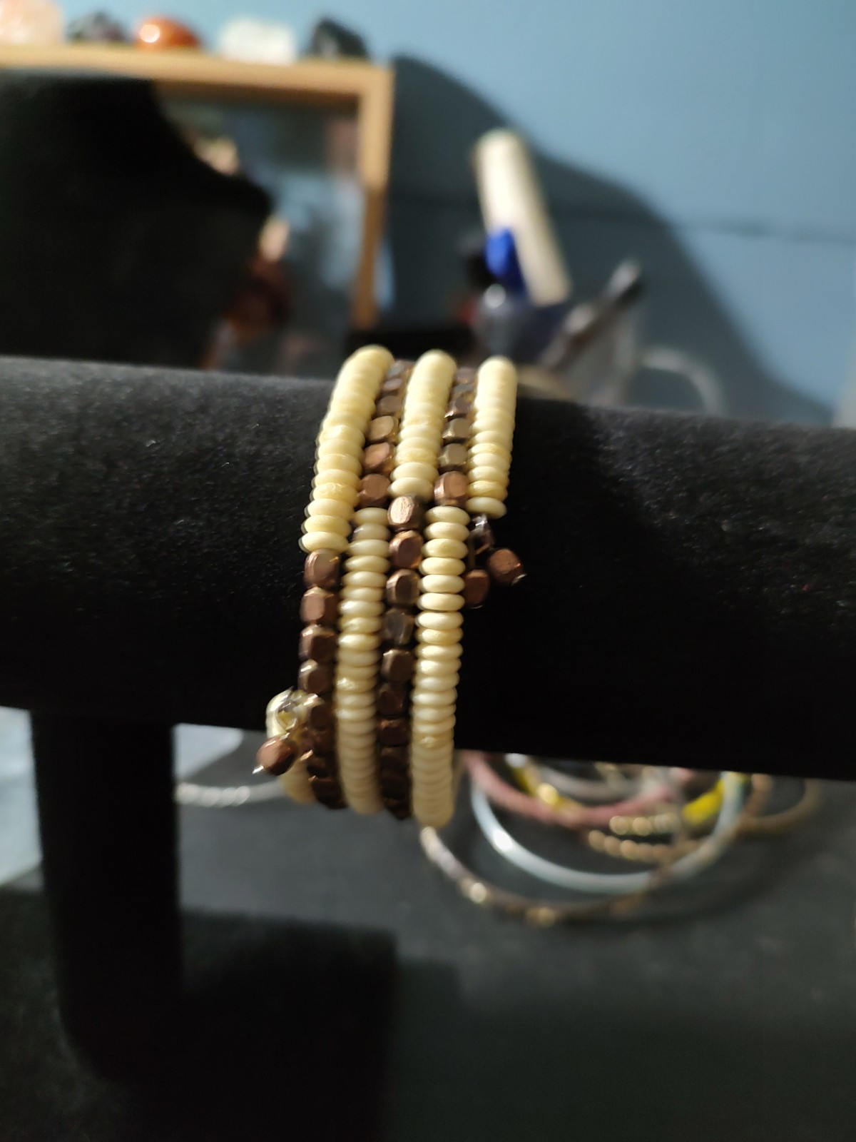Beige & Brown Beaded Wrap Bracelet, Stackable, Beads
