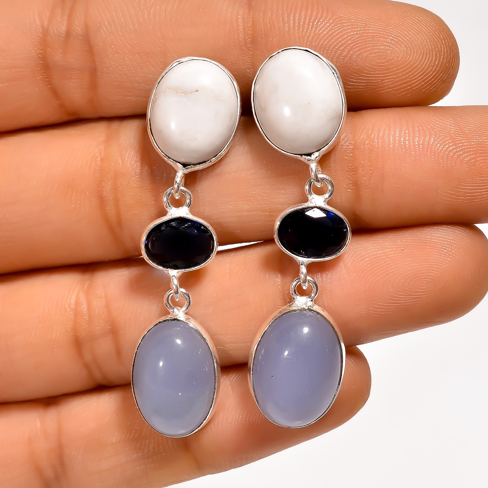 Blue Chalcedony Howlite Gemstone Fashion 925 Silver Earrings 1.7″ ARE-6622