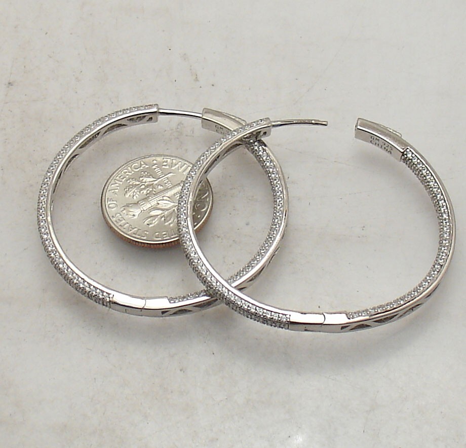 1 1/2″ Inside Out Pave Set Diamonique CZ Hoop Earrings AntiTarnish 925 Silver