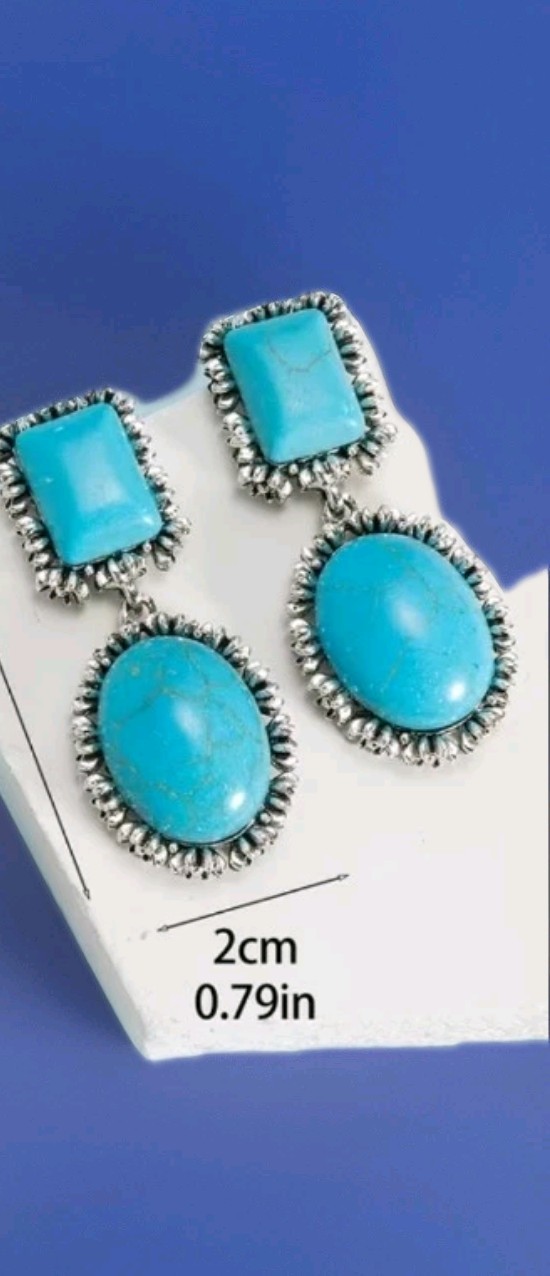 Bohemian Style Resin Turquoise Color Dangle Earrings. Silvertone ,Rinestones