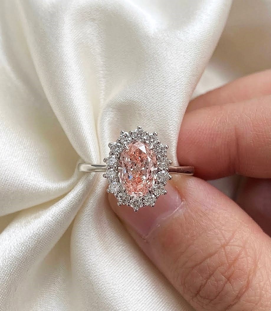 3.45 Carat Fancy Vivid Pink Oval Cut IGI Lab Created Diamond Ring 14k White Gold