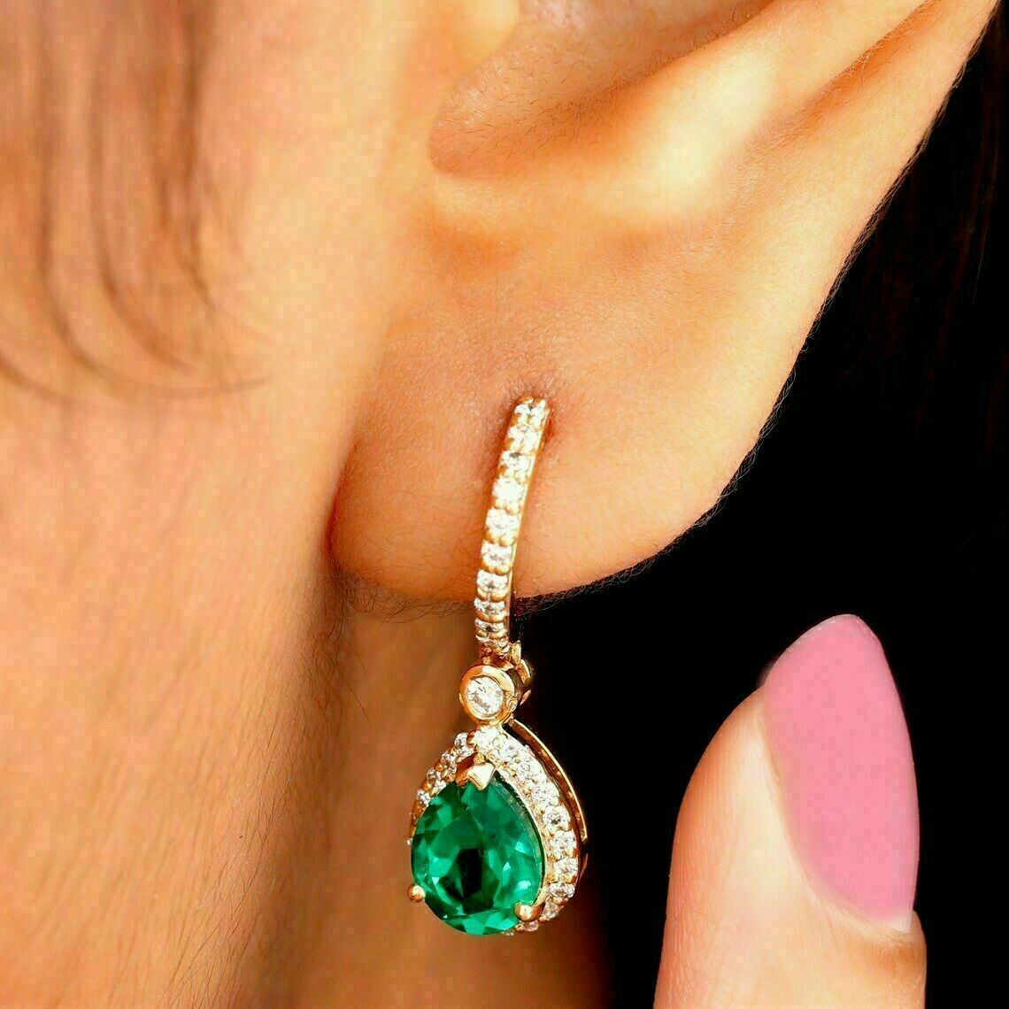 3Ct Pear Cut Green Lab Created Emerald Drop Earrings 14K Yellow Gold Plated