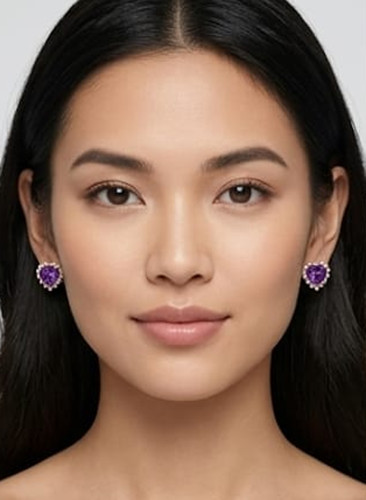 4ct Heart Simulated Purple Amethyst/Diamond Halo Stud Earring Rose Gold Plated