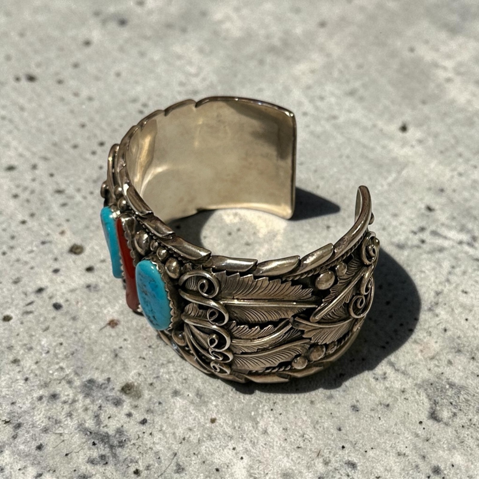 Navajo M Tsosie Sterling Turquoise Coral Feather Cuff Bracelet 108g 1.5” Width
