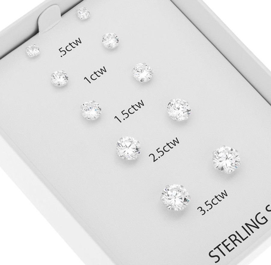 5 Pairs Stud Earrings Sterling Silver White Cubic Zircon different Size carat