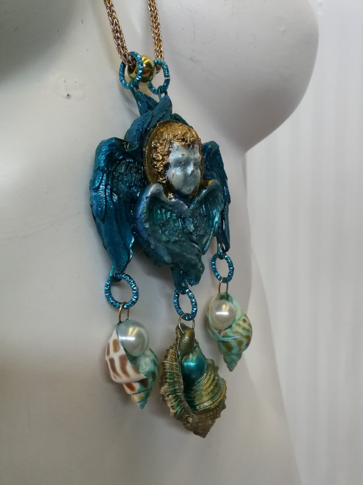 Talisman Amulet Blue Angel Rhinestone Necklace Pendant Wings Pearl Shell Jewelry
