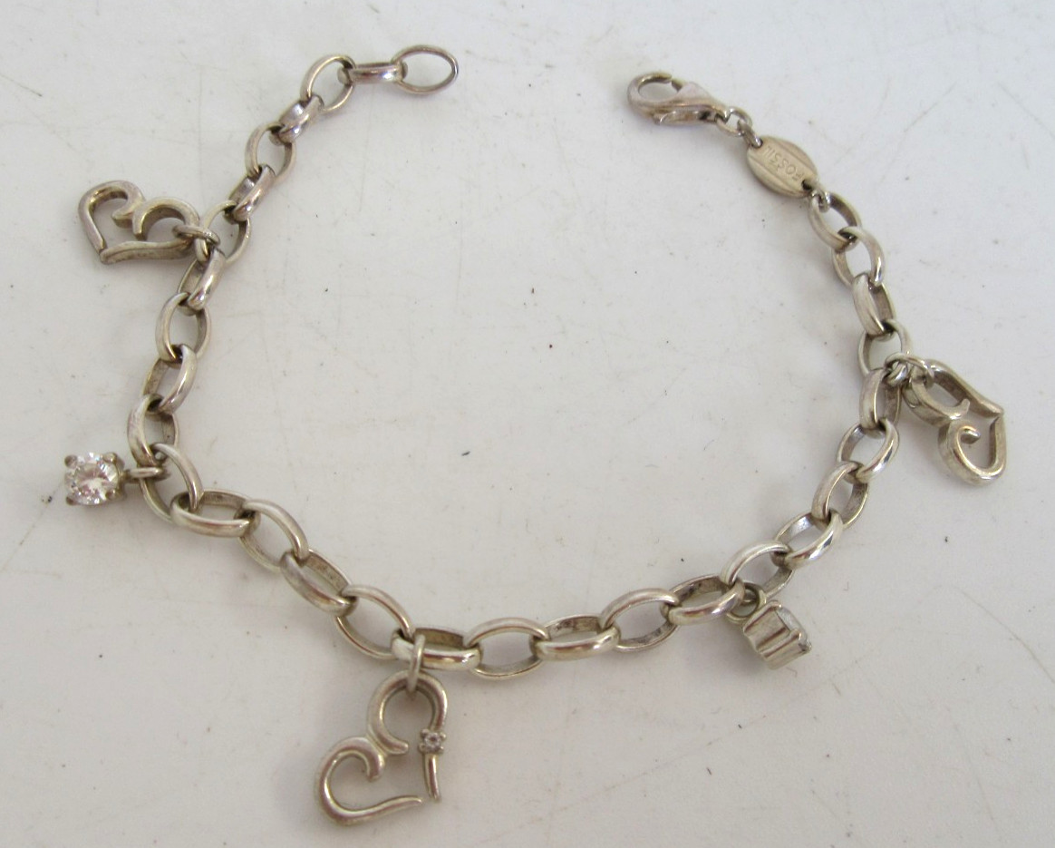 Fossil Sterling Silver Bracelet 925 Length 18 cm Heart Sparkly Charms