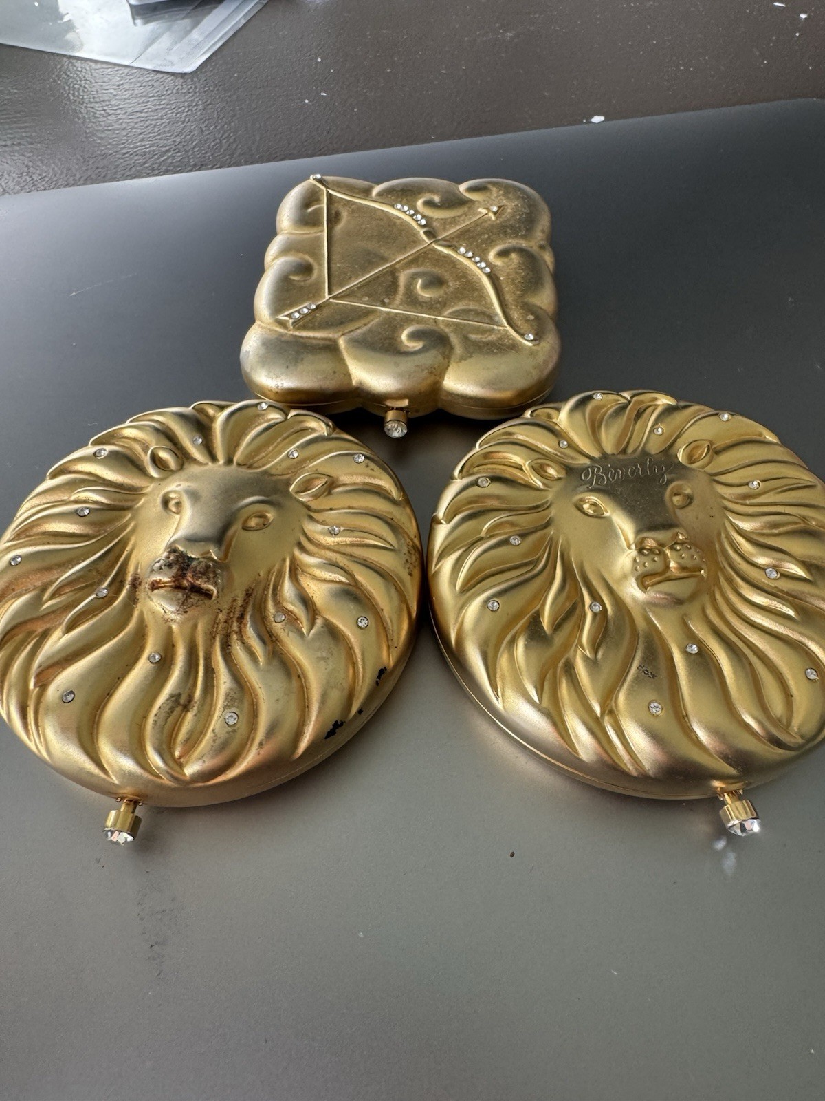 Lot of 3 – Estée Lauder Golden Zodiac Finished Solid Perfume Compact – Engraved