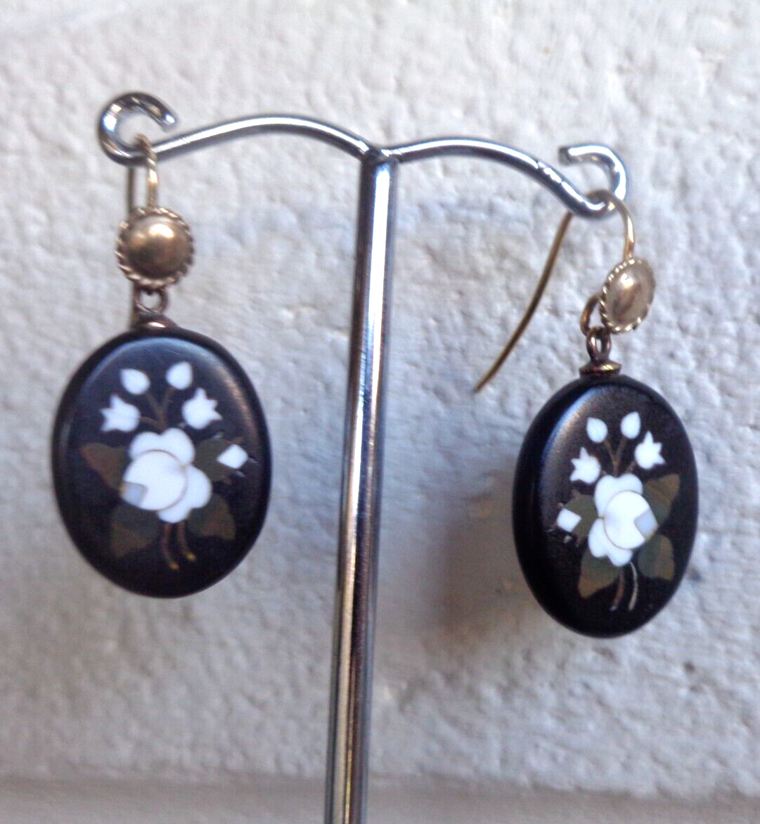 Pietra Dura Mosaic Booch Earrings Set Victorian Antique 15ct Gold Floral c1880s