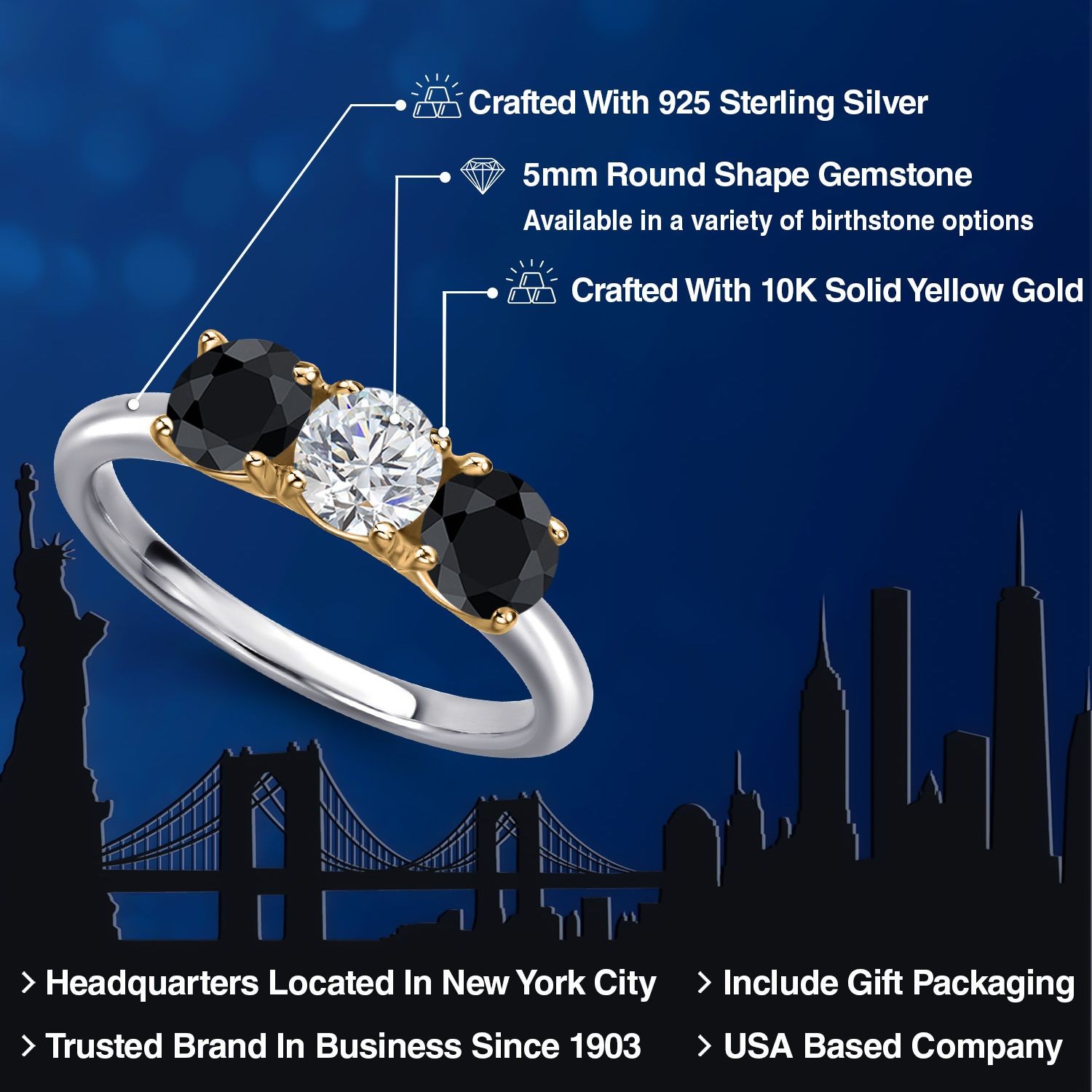 925 Silver and 10K Yellow Gold Lab Grown Diamond and Black Sapphire Engagement