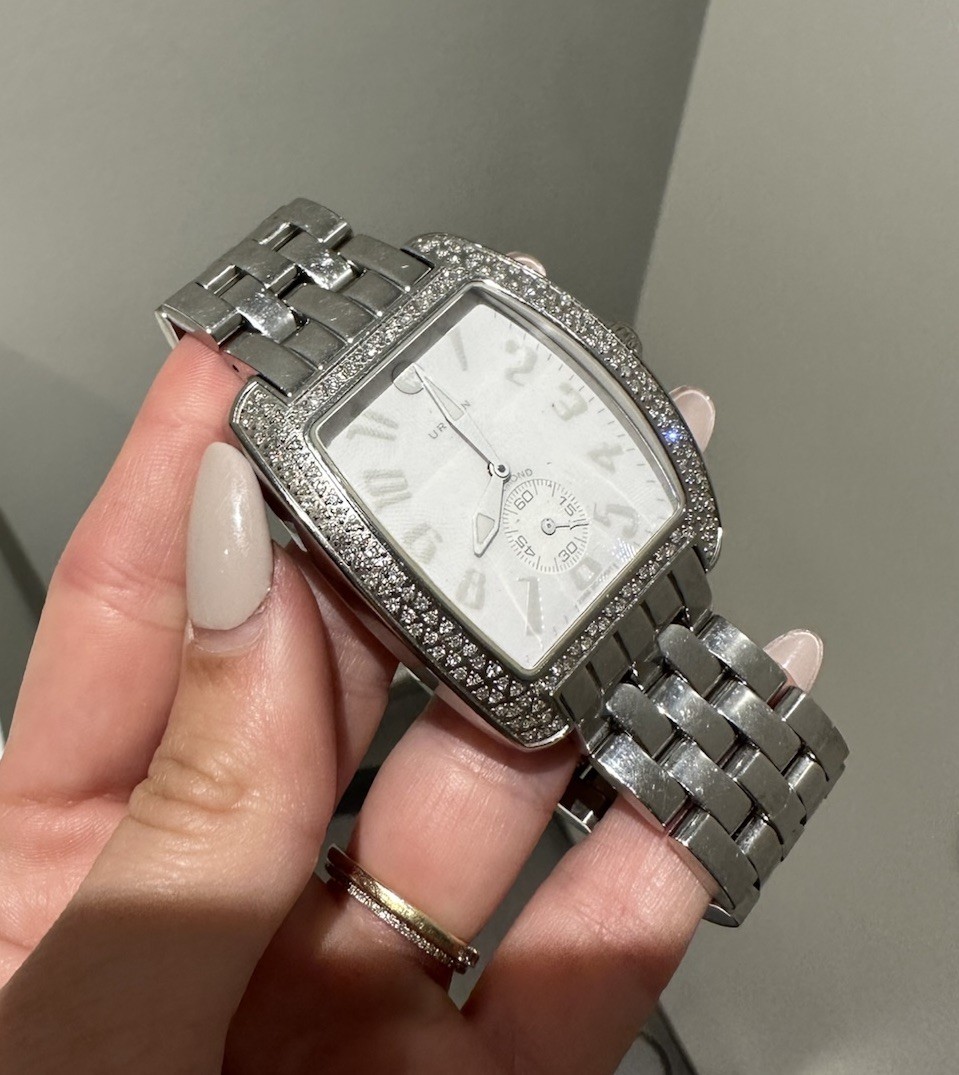 MICHELE Urban Diamond Bezel Quartz 38mm Tonneau White Dial Silver Bracelet