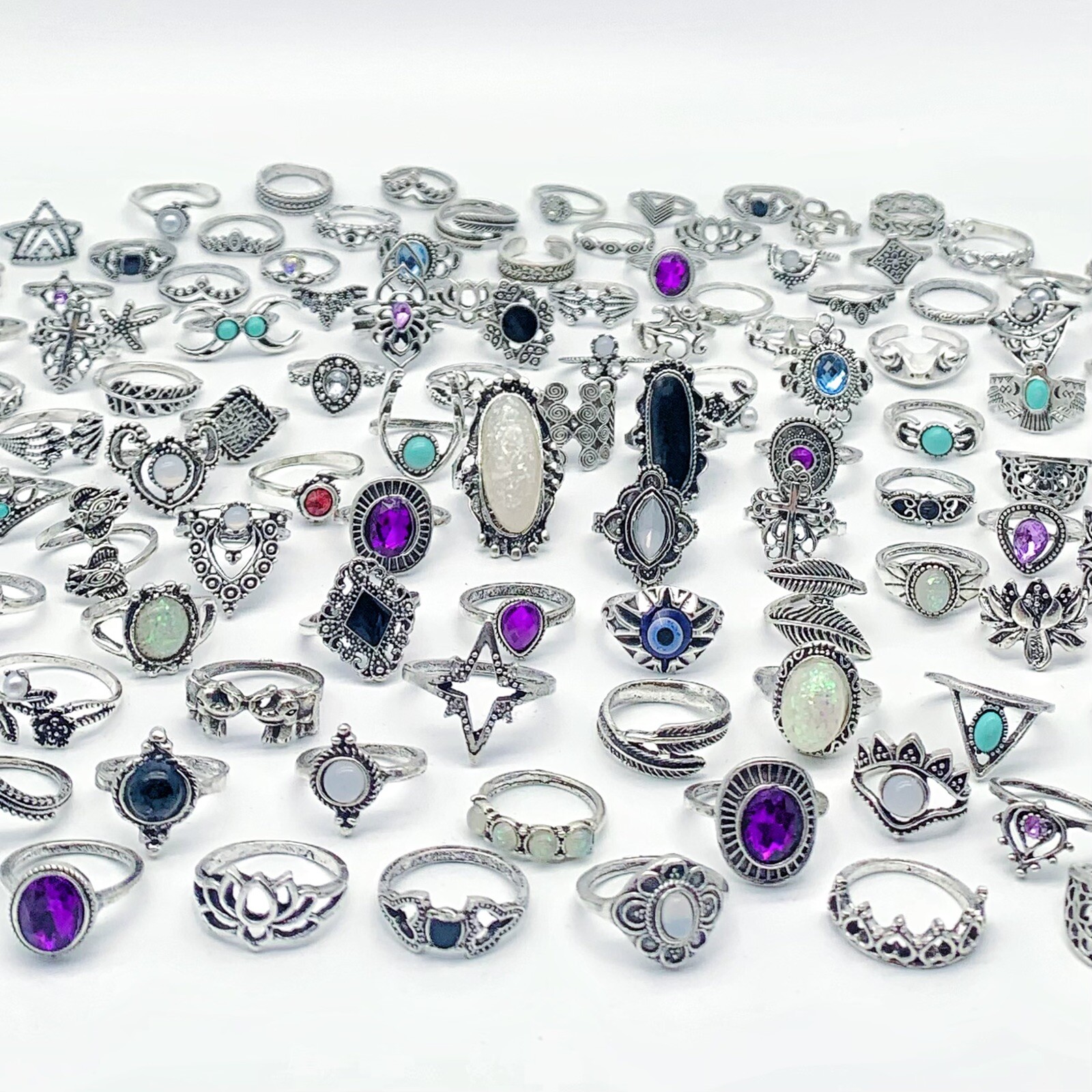 Bulk Lots 50 Antique Silver Bohemia Vintage Rings Mix Women Stone Retro Charms