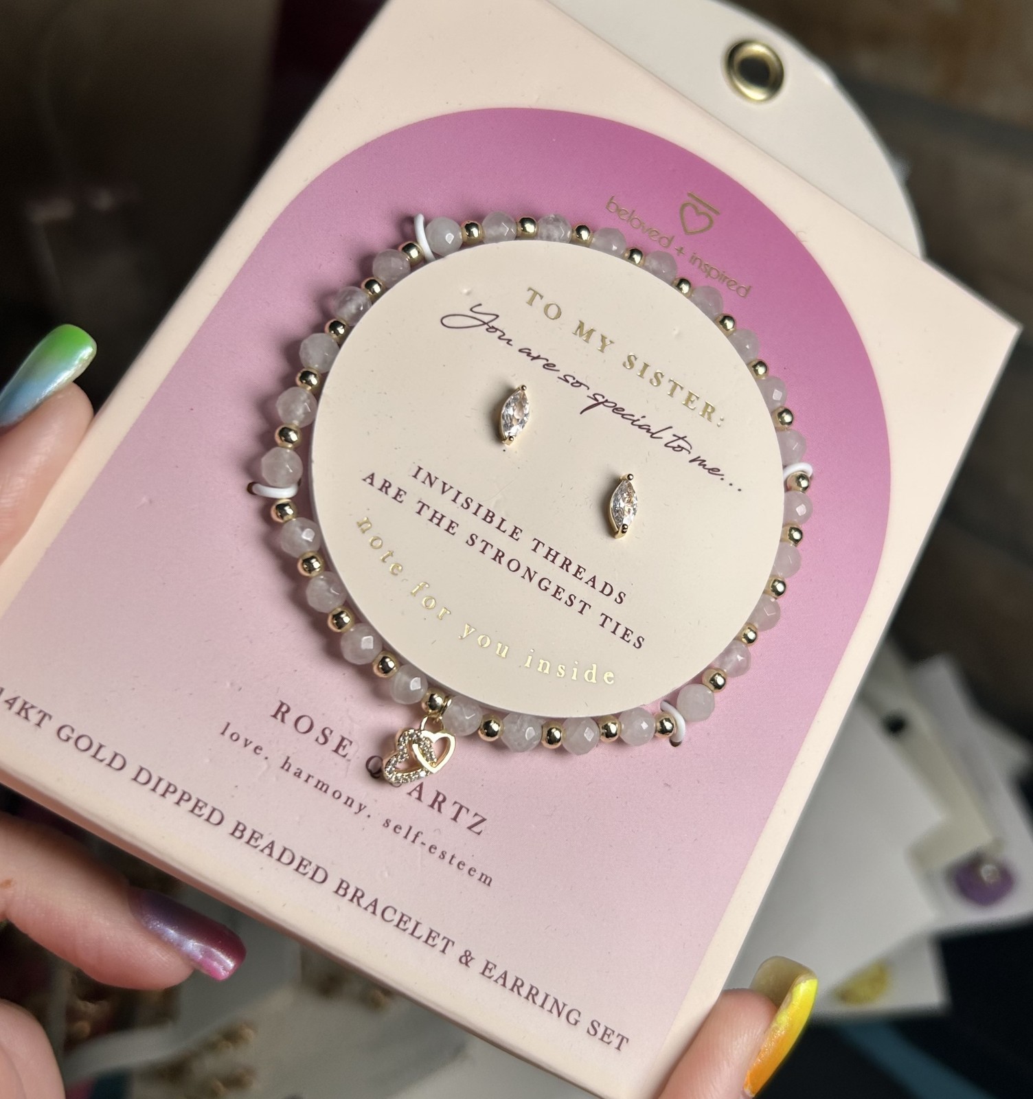Beloved Inspired To My Sister Rose Quartz 14K Gold Dipped Bracelet Earring Set