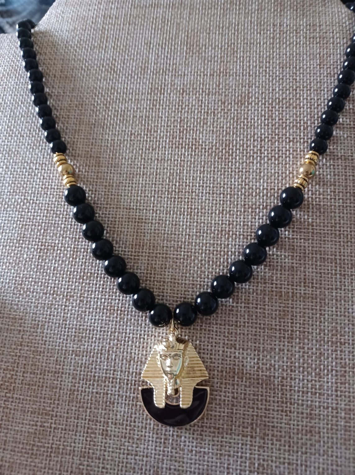 Sphinx beaded Necklace, Egypt Pharoah Pendant Black Agate ~ New Handmade in USA
