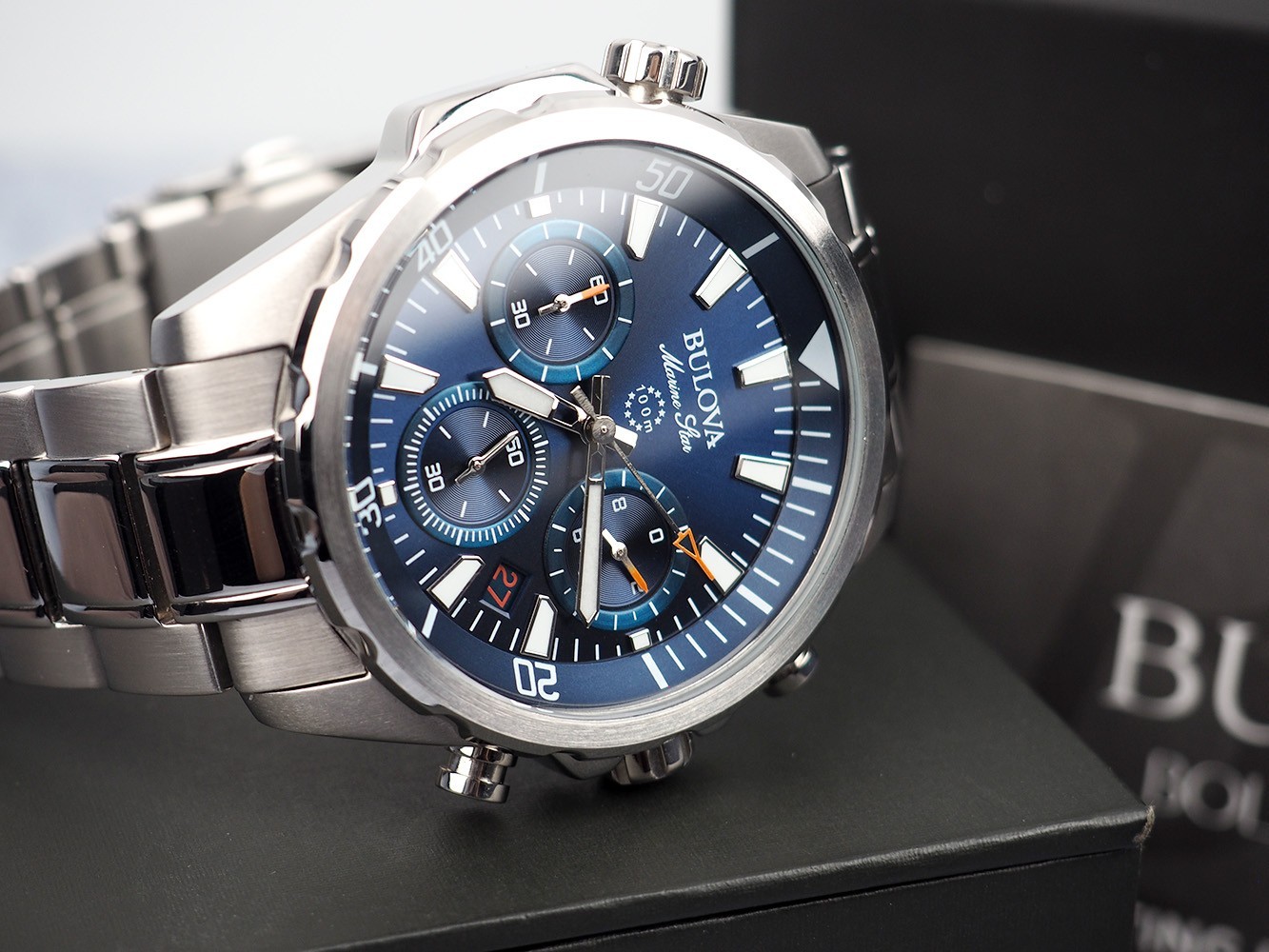 Bulova Men’s Marine Star 96B256 Blue Dial Stainless Strap Quartz Watch 44 mm