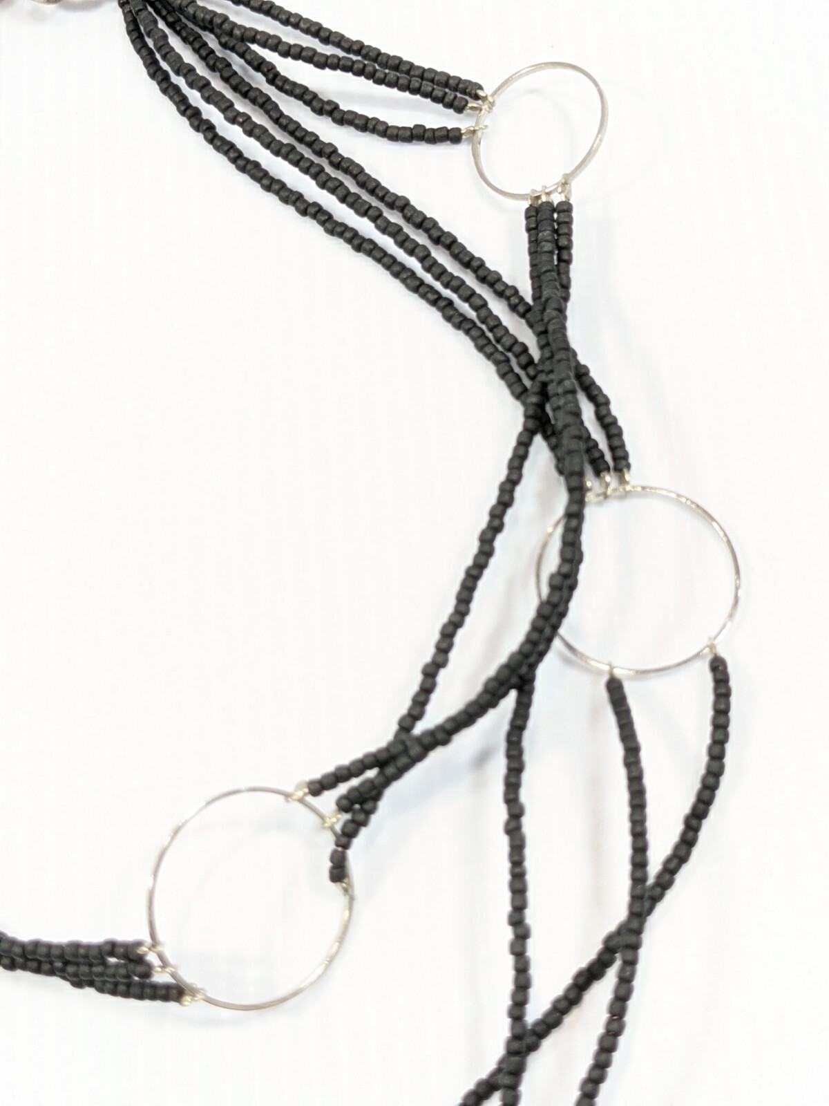 Artisan Silver Tone Black Frosted Glass Bead Open Circle Double Strand Necklace