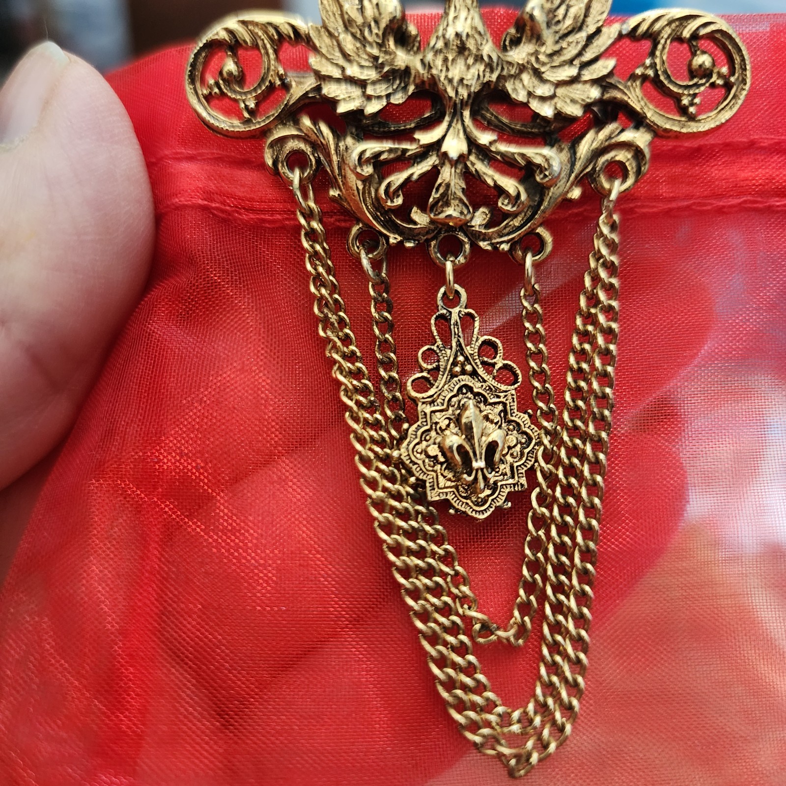 VTG Arthur Pepper ART Chatelaine Brooch Pin Chain Eagle Wings Crown Fleur Di Lis