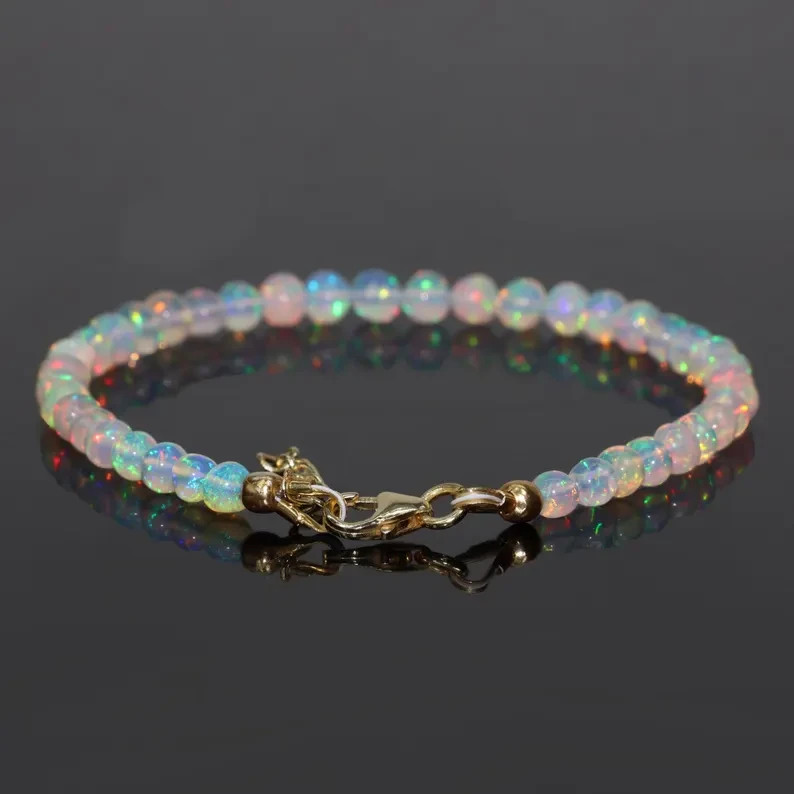 Natural Round Opal Gemstone Jewelry for Her, Ethiopian White Opal Beaded