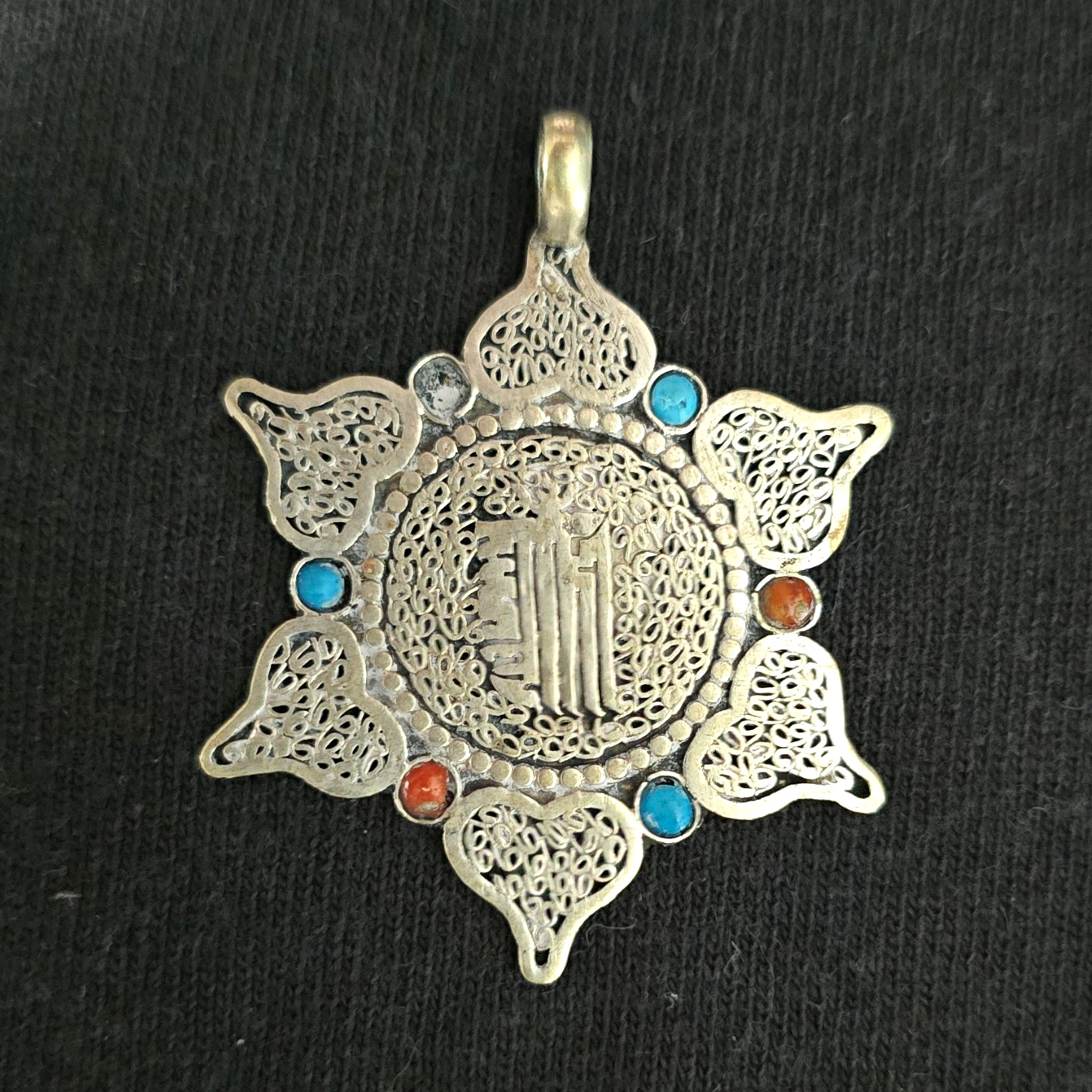 vintage Nepalese pendant silver and inlaid with turquoise and coral