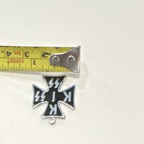Black Enamel Cross Charm Pendant, Silver-Tone Metal “K” and “SS” Markings