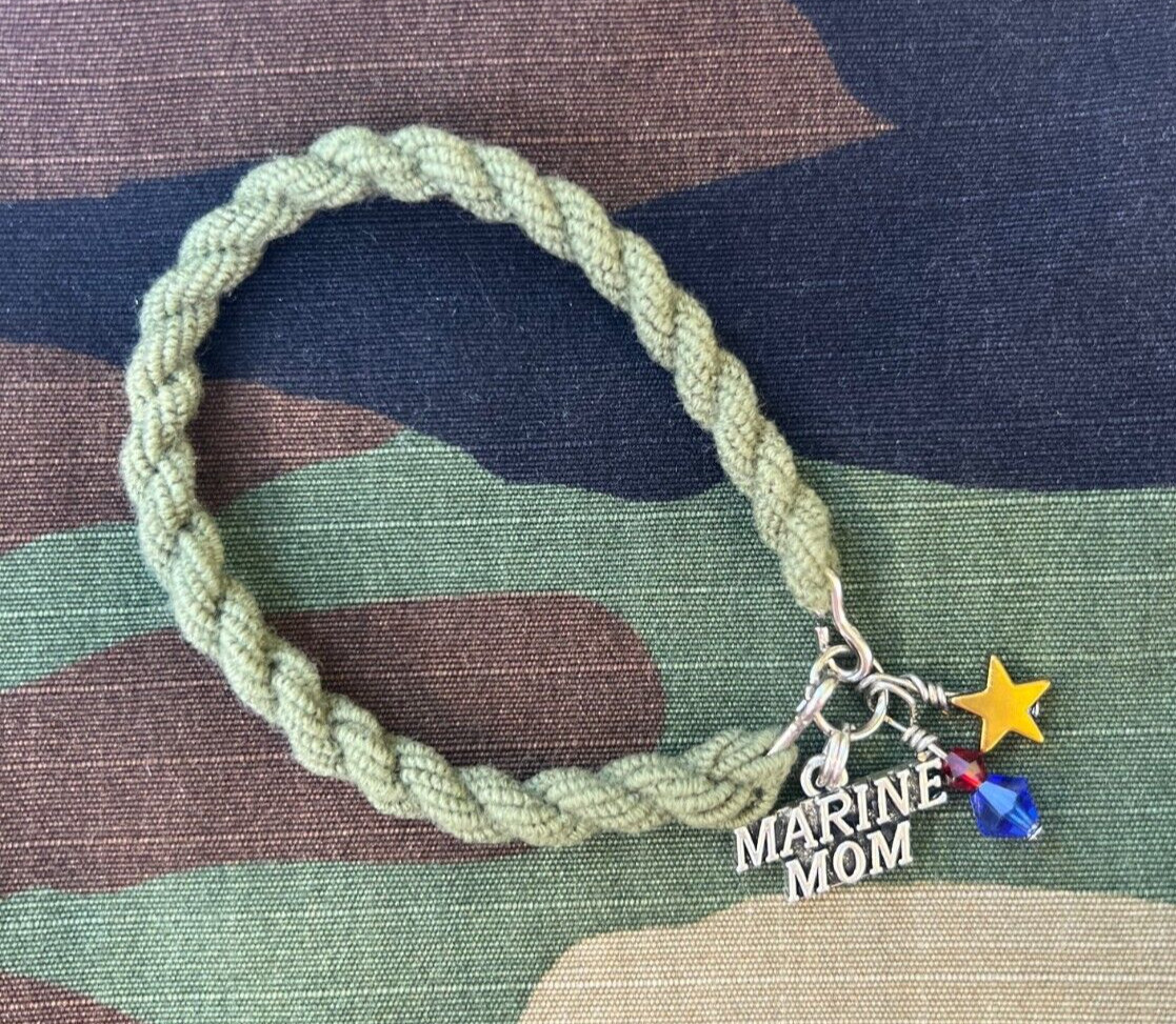 Marine Mom Boot Band Bracelet Silver Charm Blue and Red Glass Beads w/ Gold Star
