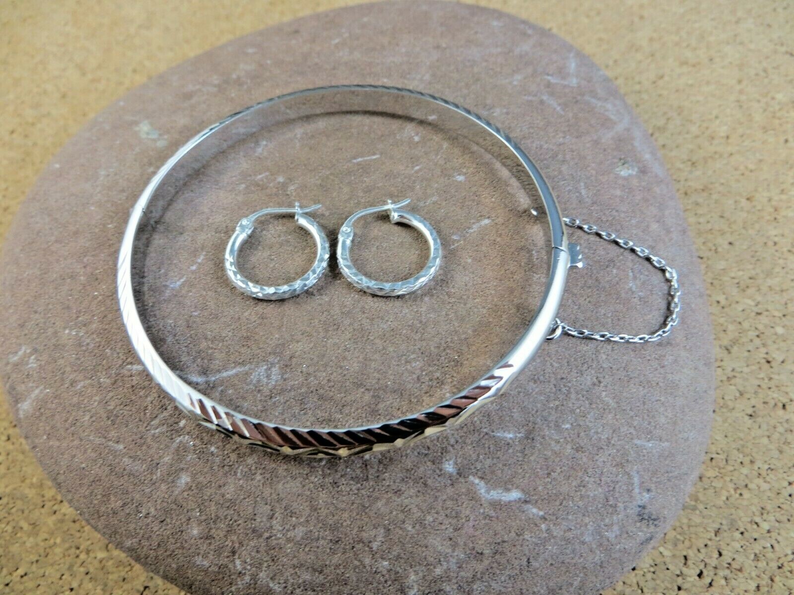 Etched Sterling Silver Hinged Bangle Bracelet & Latch back Hoop Earrings #209